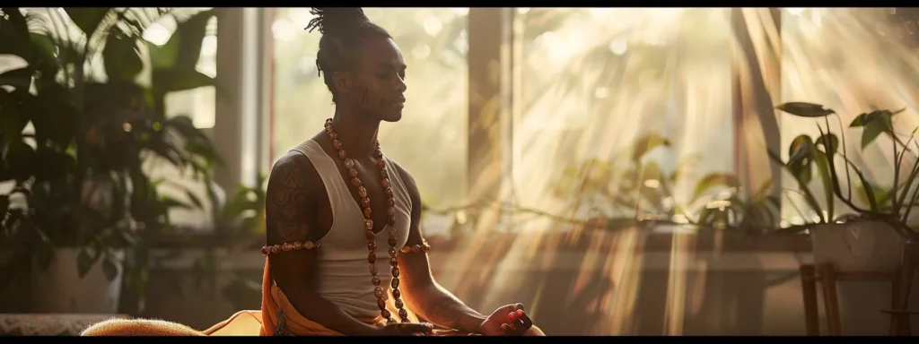 a serene meditator wearing a powerful sixteen mukhi rudraksha necklace, surrounded by a soft glow of spiritual energy.