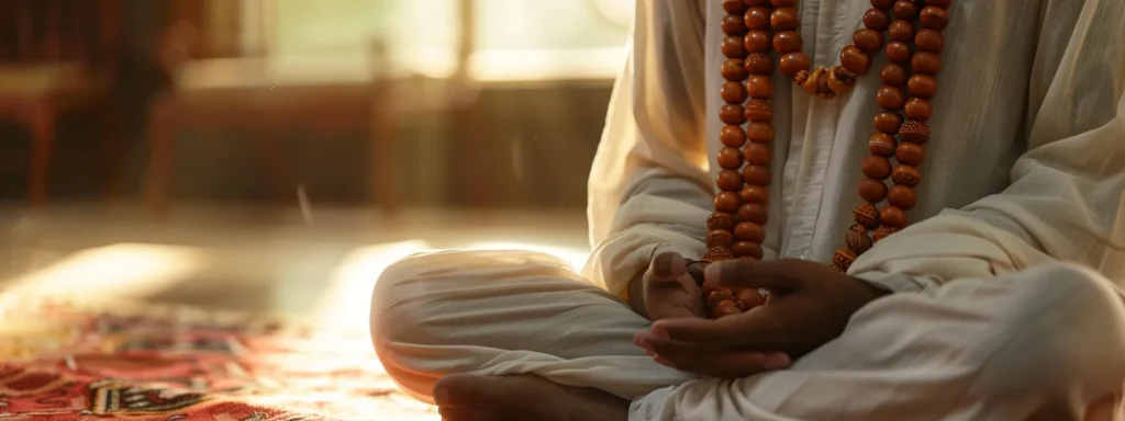 a serene meditator wearing a sacred eighteen mukhi rudraksha necklace, surrounded by a radiant aura of healing energy.