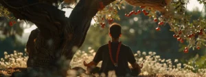 a serene person meditating under a tree with a shimmering eight mukhi rudraksha necklace around their neck, surrounded by a calming aura of spiritual growth.