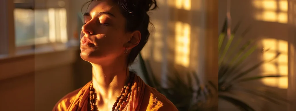 a serene person meditating, wearing a powerful fifteen mukhi rudraksha necklace.