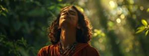 a serene portrait of a person wearing a four mukhi rudraksha necklace against a backdrop of lush green trees, radiating a sense of peace and spirituality.