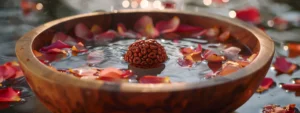 a serene wooden bowl filled with water and rose petals, with a sparkling fourteen mukhi rudraksha bead floating in the center.