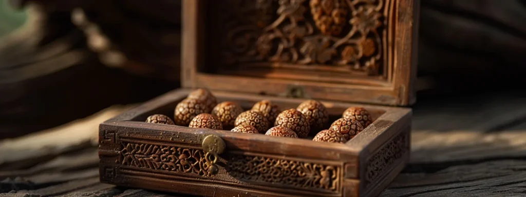 a small, intricately carved wooden jewelry box showcasing ten lustrous mukhi rudraksha beads resting inside, bathed in soft natural light.