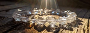 a sparkling crystal quartz bracelet radiating pure energy on a sunlit wooden table.