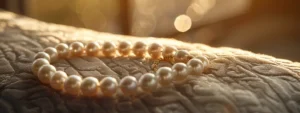 a sparkling pearl necklace resting elegantly on a soft velvet cushion.