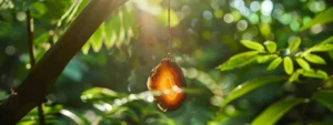 a stunning agate necklace shimmering in the sunlight against a backdrop of lush green foliage.