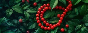 a vibrant red coral beads necklace resting on a bed of fresh green leaves, exuding a sense of vitality and emotional well-being.