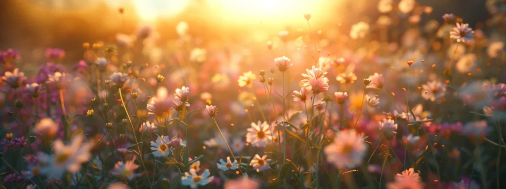 a vibrant sunrise over a lush field of blooming flowers, symbolizing the abundant prosperity unlocked by bob proctor's law of attraction principles.