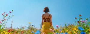 a woman standing confidently in a field of vibrant wildflowers, looking up at a clear blue sky with a sense of peace and healing.