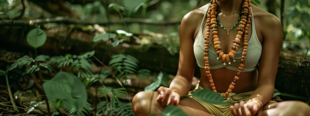 a woman wearing a calming, earthy-toned yoga outfit, adorned with a string of vibrant, round rudraksha beads, meditating peacefully in a lush green forest setting.