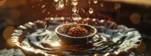 the image shows a shiny rudraksha bead being gently washed in a bowl of pure water before being held up to the sunlight for activation.