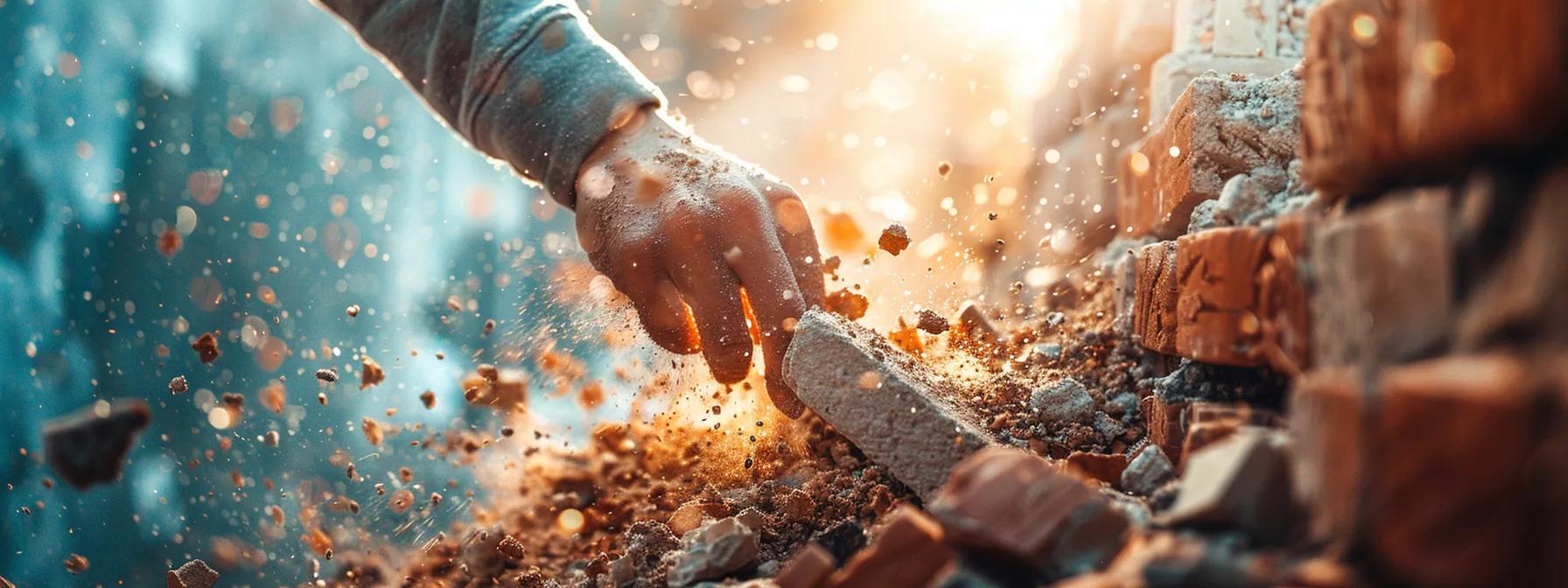 a person confidently smashing through a brick wall with determination and focus, symbolizing overcoming limiting beliefs and breaking free from constraints.