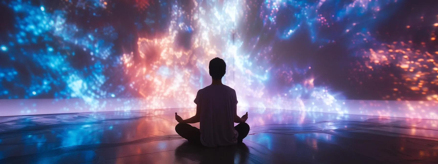 a person immersed in a vivid sensory visualization, surrounded by a realistic embodiment of their desired outcome, with a clear and focused mind, inspired by successful individuals who have mastered these techniques.