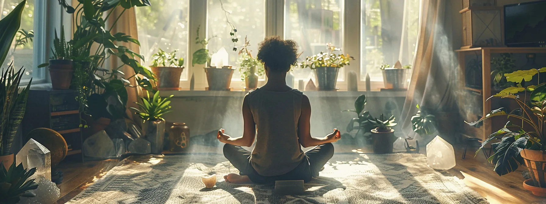 a person meditating in a serene, sunlit room surrounded by crystals, plants, and calming colors, enhancing their chakra balancing practice.