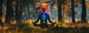 a person meditating in a serene forest clearing, with colorful chakra points aligned along their body.