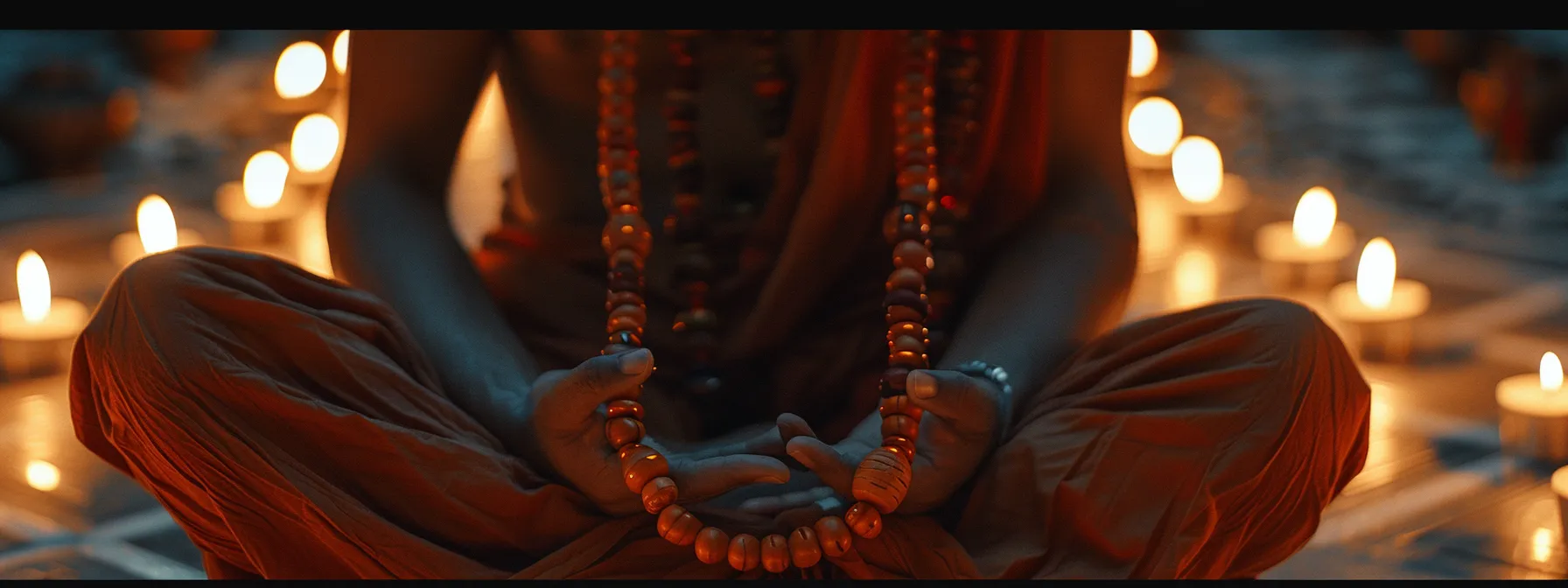 a person peacefully meditating with a string of sacred rudraksha beads draped around their neck, surrounded by soft candlelight.