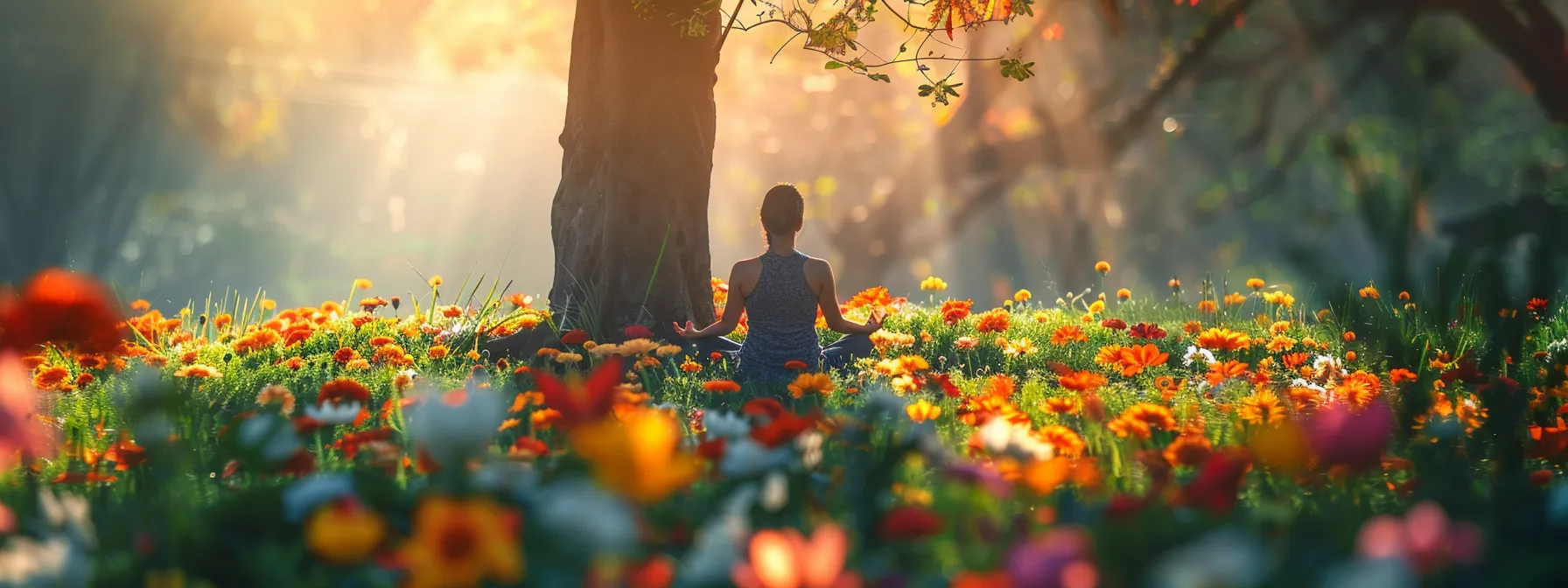 a person performing yoga under a peaceful tree, surrounded by vibrant flowers, symbolizing inner harmony and chakra balancing.