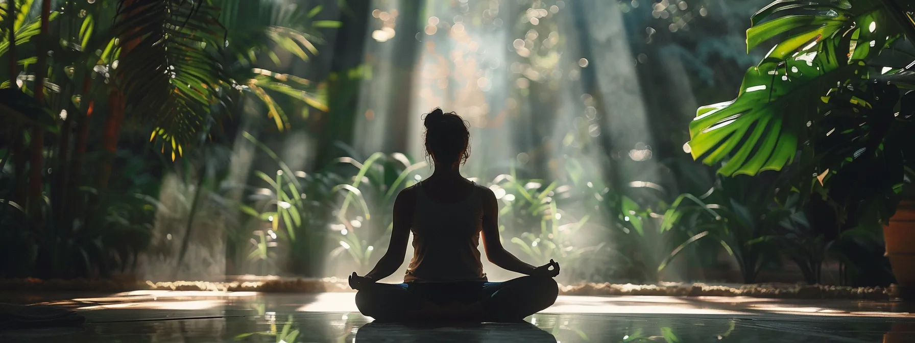 a person practicing pranayama with focused concentration and proper technique in a tranquil setting, surrounded by greenery and natural light.