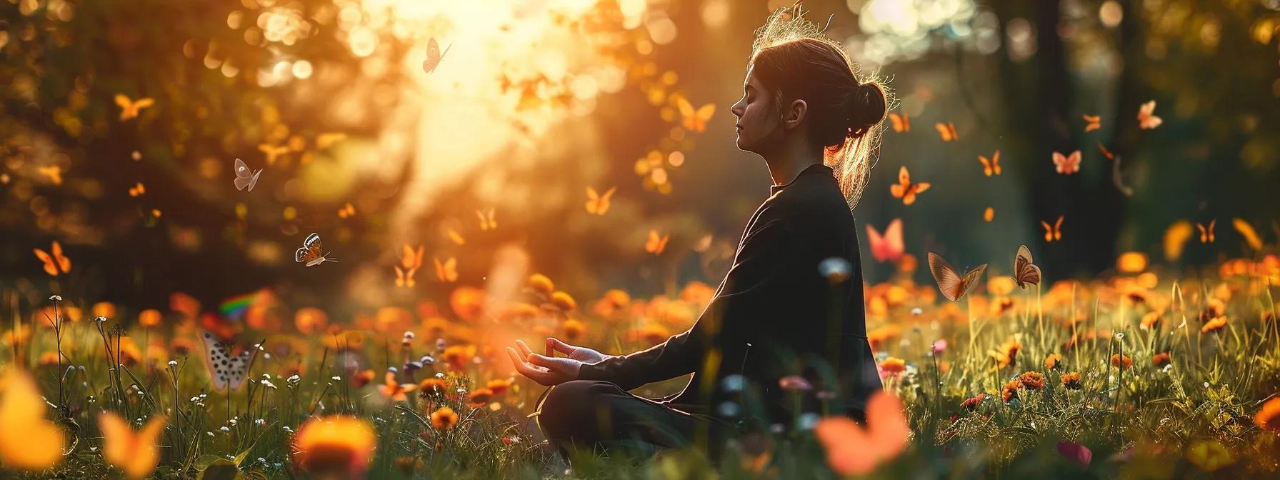 a person sitting cross-legged on a lush green meadow, eyes closed, surrounded by blooming flowers and gentle butterflies, practicing mindfulness meditation techniques to boost creativity.