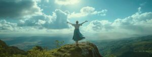 a person standing on a mountaintop, arms outstretched, gazing at the vast horizon filled with dreams and aspirations.