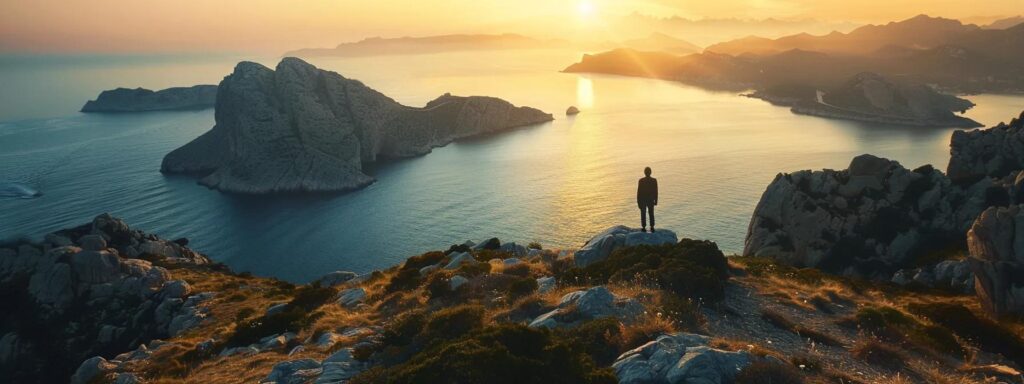 a person standing on a mountaintop, gazing at a breathtaking sunrise, visualizing their unlimited potential.