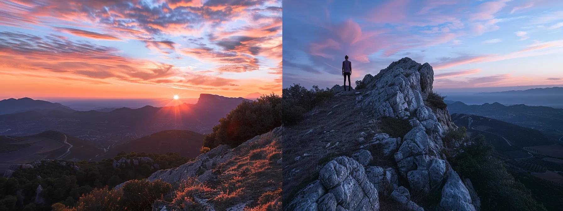 a person standing on top of a mountain, visualizing their goals with a vivid sunset in the background.