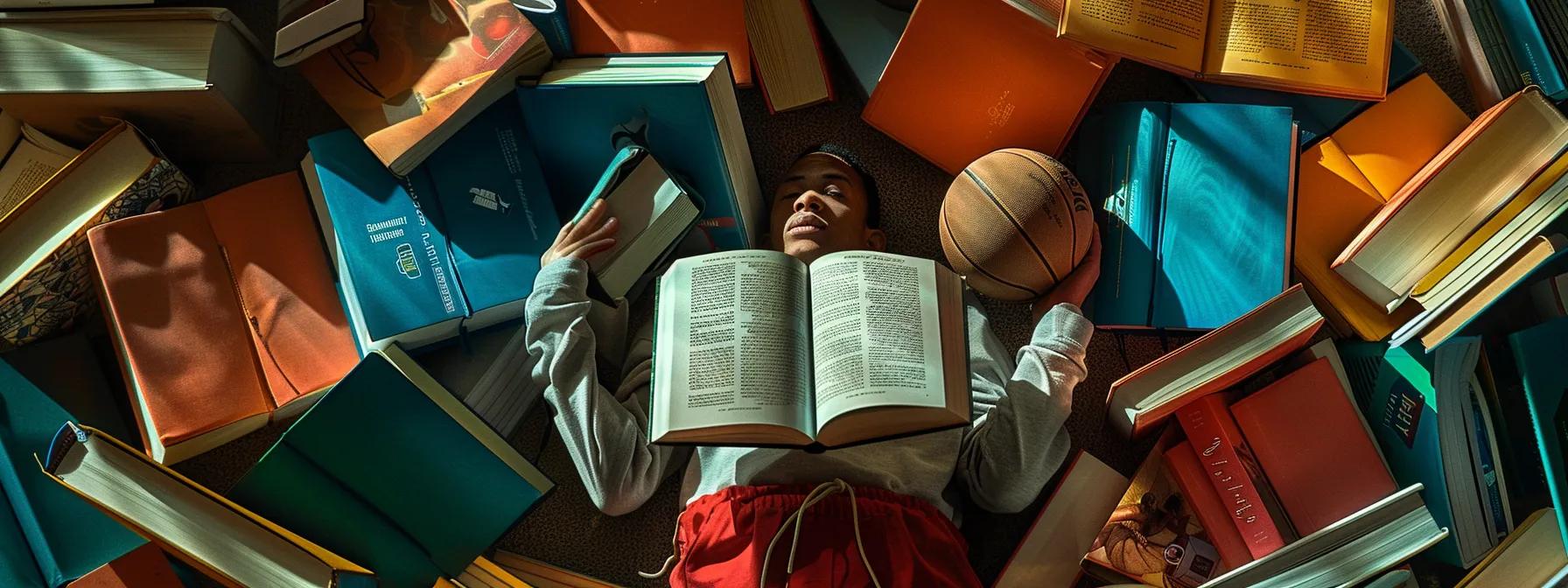 a person surrounded by a collection of colorful sports psychology books, visualizing success on a basketball court.