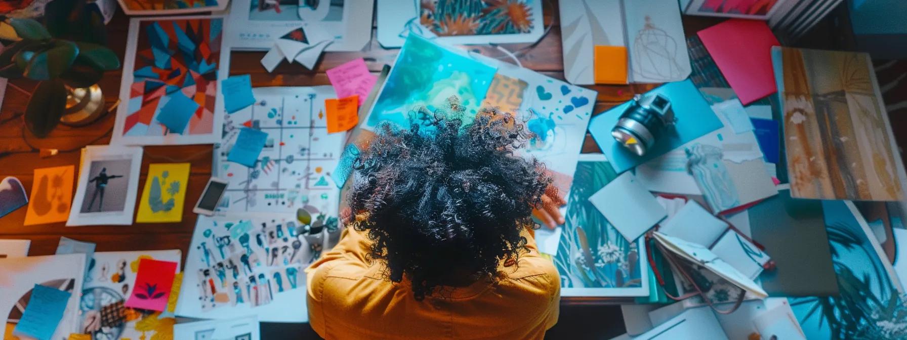 a person surrounded by colorful vision boards, affirmations, and personal values, visualizing their aspirations for personal development.