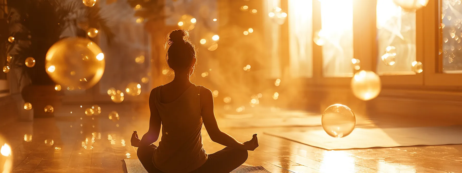 a person surrounded by glowing energy orbs during a peaceful yoga session in a sunlit room.