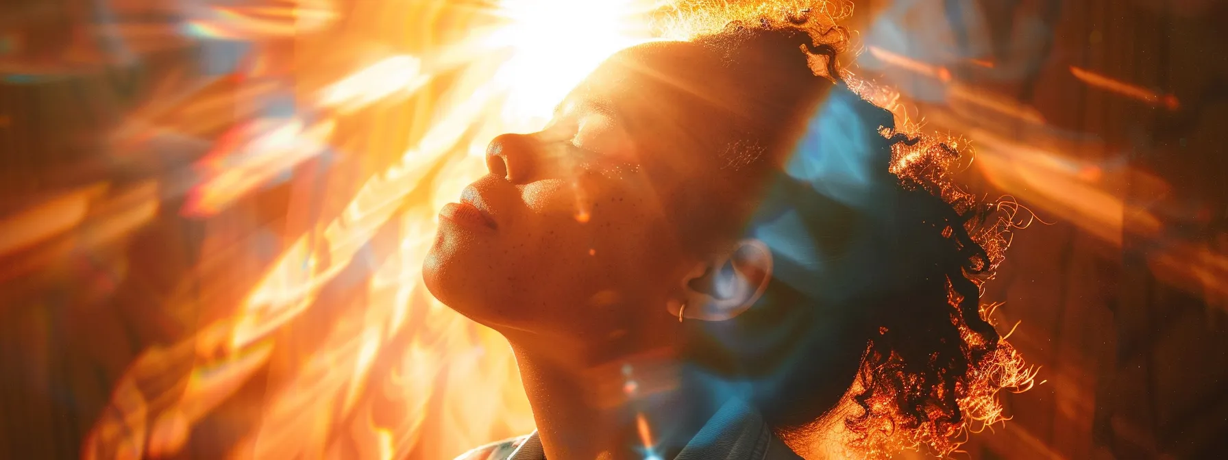 a person with closed eyes feeling a wave of heat and energy rising within them, surrounded by a glow of light illuminating their third eye.