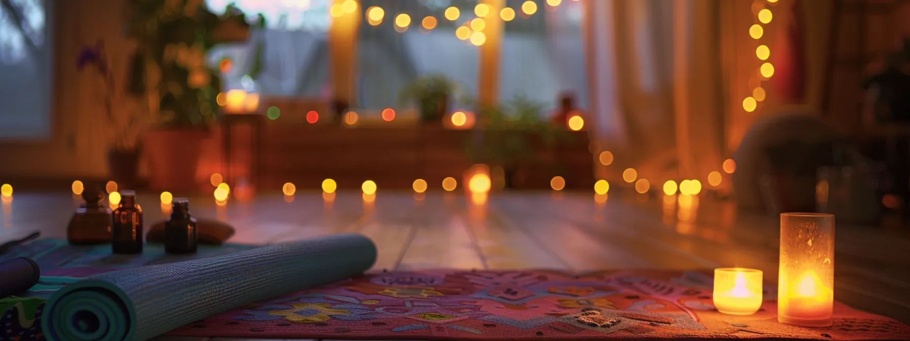 a serene, candlelit room with a colorful yoga mat, essential oils, and a peaceful ambiance, ready for a kundalini yoga practice session.