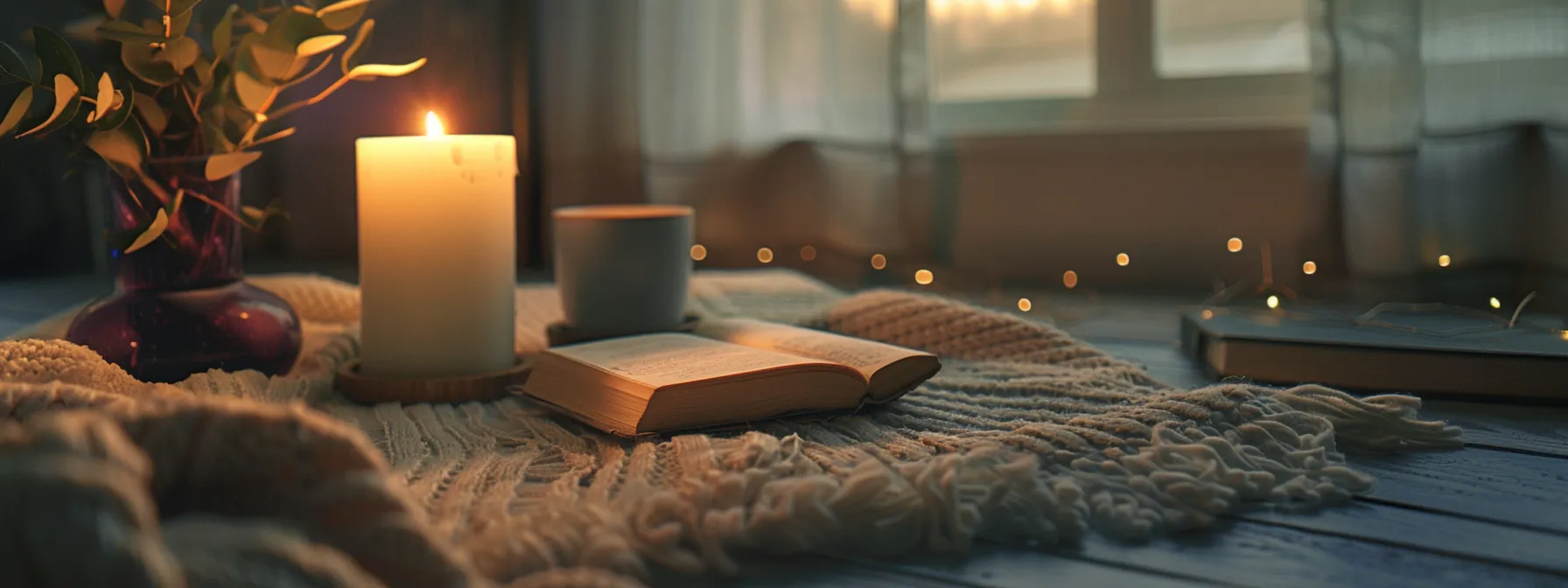 a serene, candlelit room with a tranquil atmosphere, a cozy blanket, and a journal for reflection, symbolizing preparation for a transformative kundalini awakening journey.