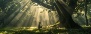 a serene figure in deep meditation under a majestic tree in a lush forest, surrounded by beams of golden sunlight filtering through the leaves.