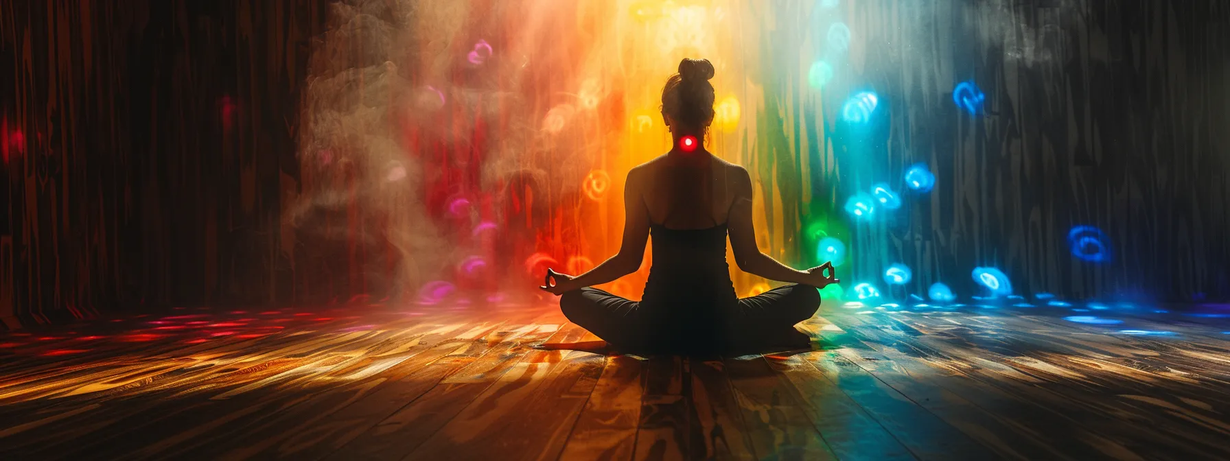 a serene figure surrounded by colorful light and peaceful energy, practicing meditation to restore chakra harmony.