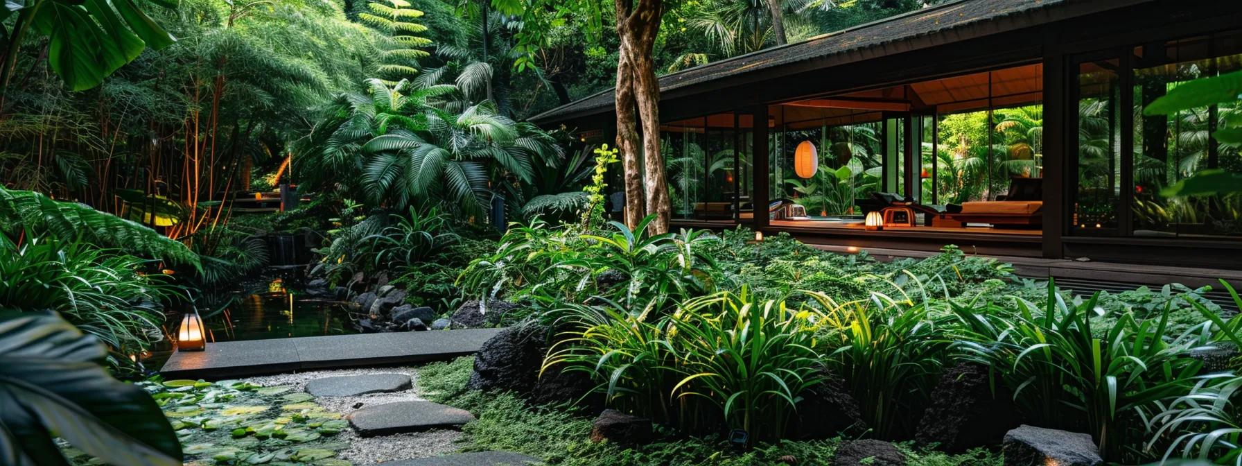 a serene meditation retreat surrounded by lush greenery, where individuals engage in mindful practices to tap into the power of their subconscious mind.