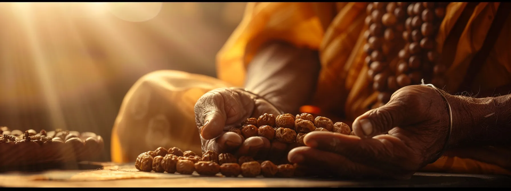 a serene meditator carefully cleans and inspects a string of sacred rudraksha beads under soft, golden light.