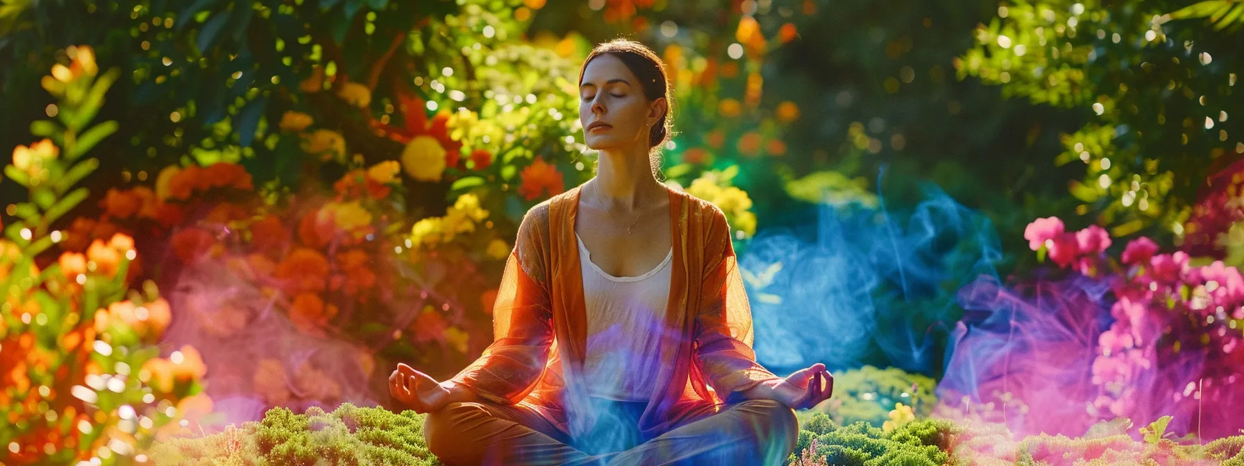 a serene person sitting cross-legged in a peaceful garden, surrounded by vibrant, swirling chakra colors, radiating a sense of inner calm and emotional balance.