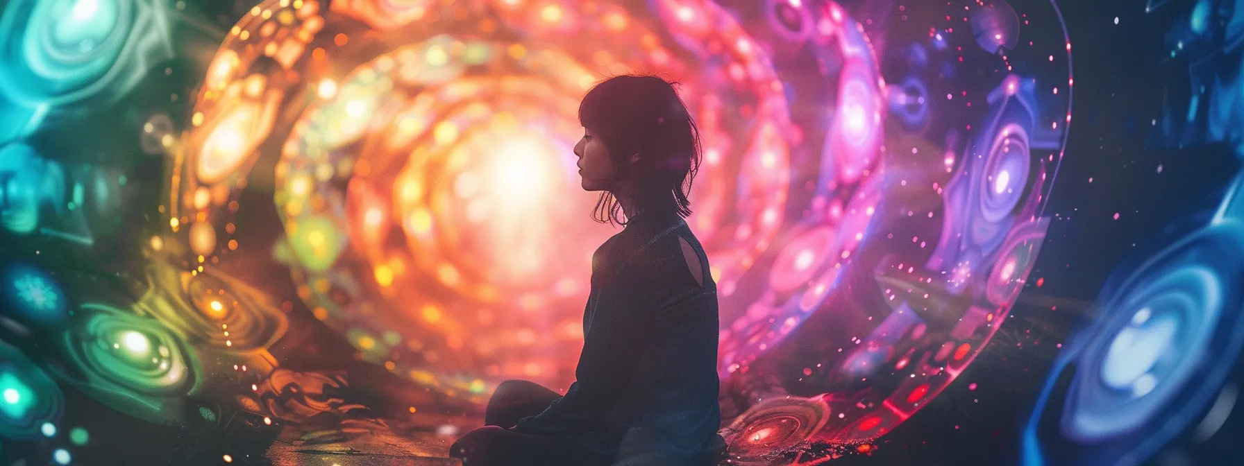 a serene person surrounded by colorful swirling lights representing the seven chakras and their emotional associations.