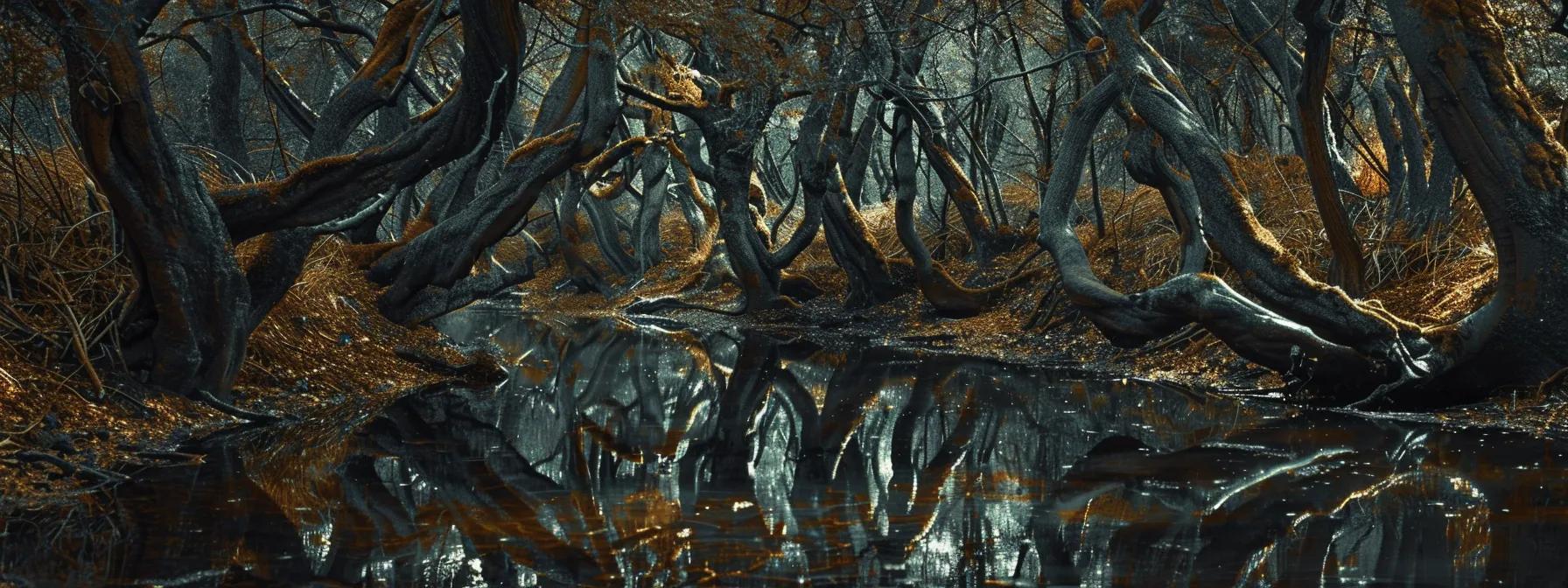 a surreal forest with twisted trees reflecting distorted realities, symbolizing the subconscious mind's influence on perceptions and beliefs.