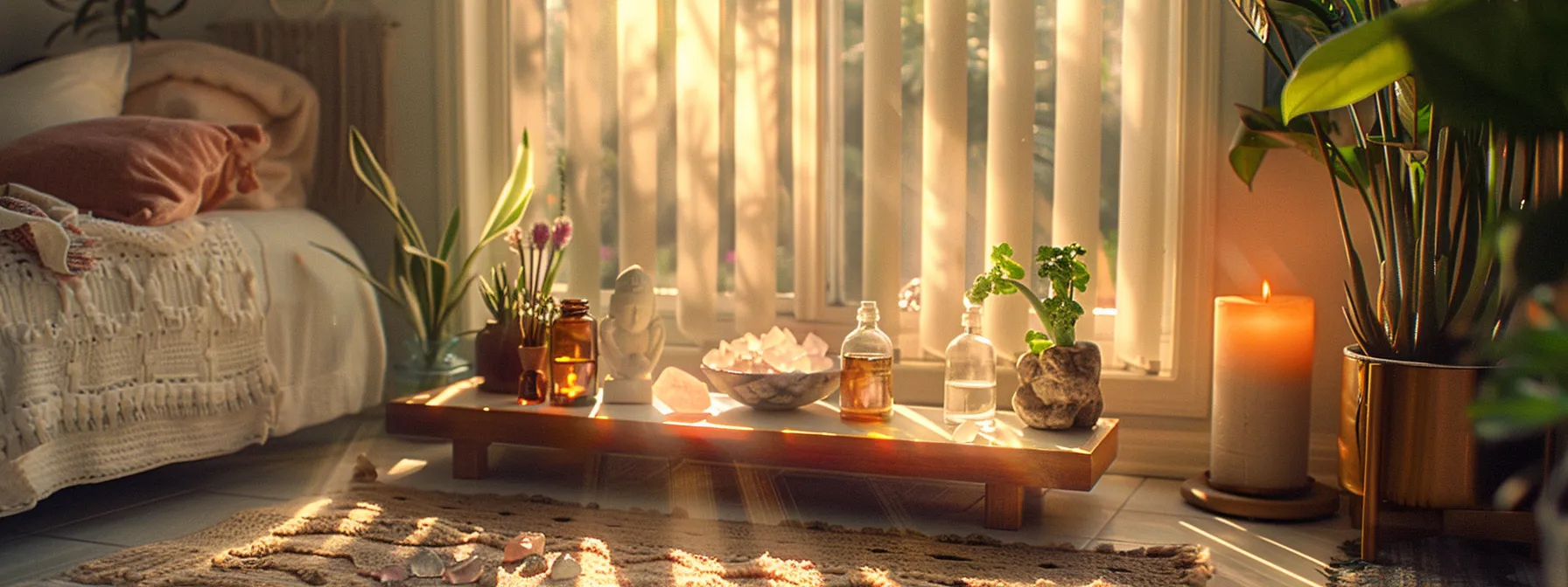 a tranquil room bathed in soft light, with crystals and essential oils set out on a table, creating a serene environment for chakra balancing meditation.