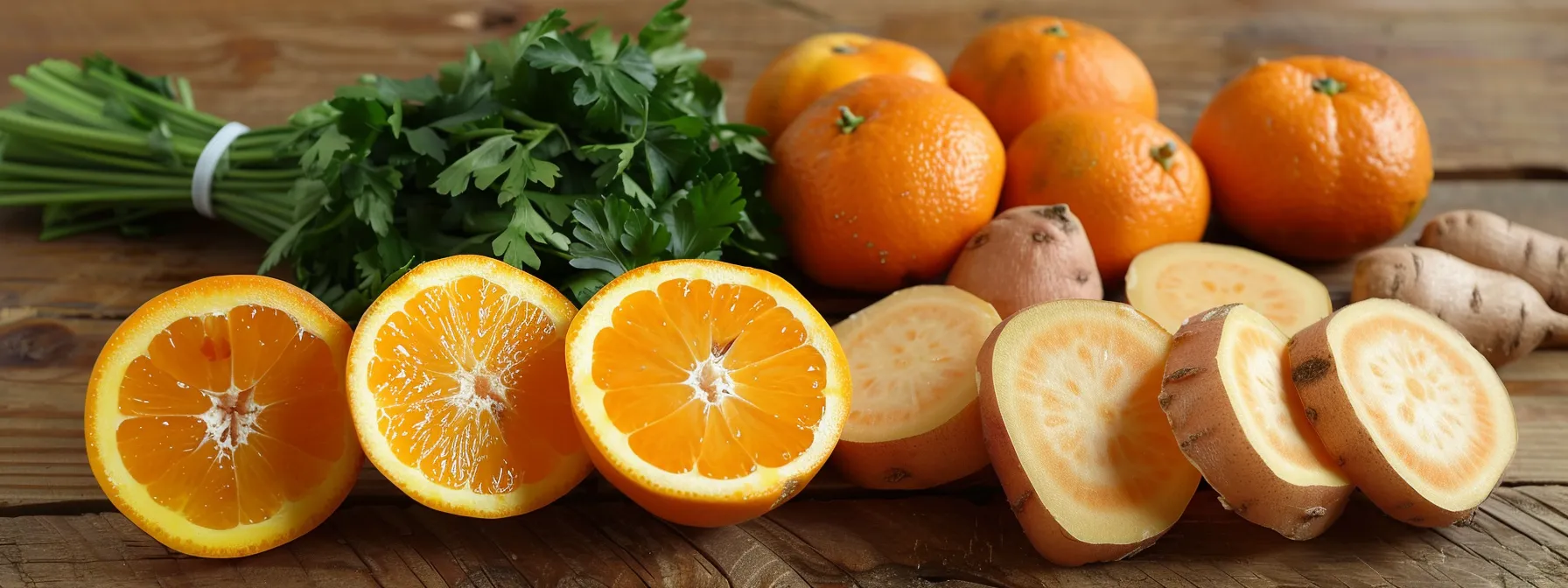 a vibrant array of carrots, sweet potatoes, and oranges displayed on a rustic wooden table, radiating warmth and energy to nourish the sacral chakra.