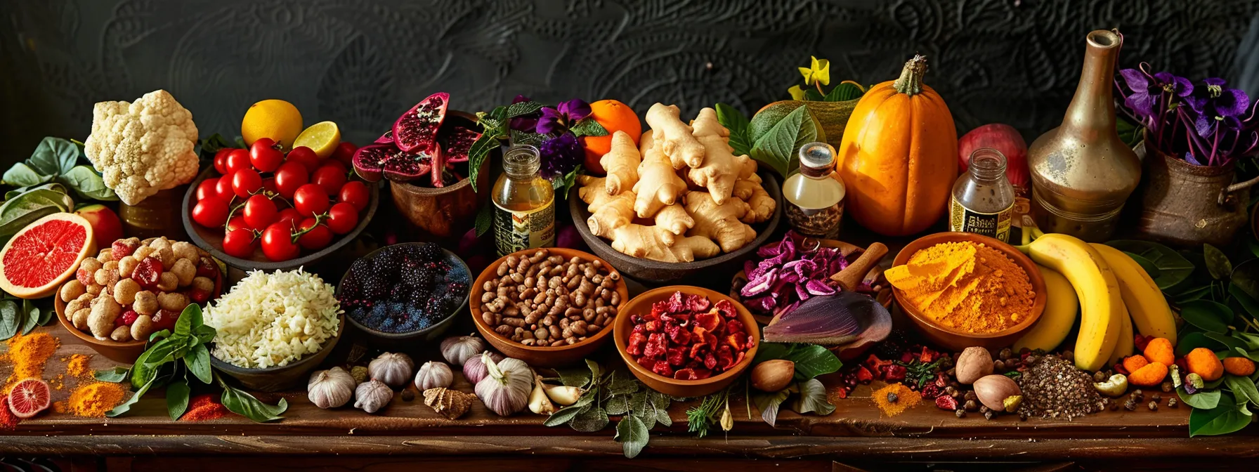 a vibrant array of colorful fruits, vegetables, and herbs set on a wooden table, symbolizing a holistic approach to supporting chakras through nutrition and lifestyle.