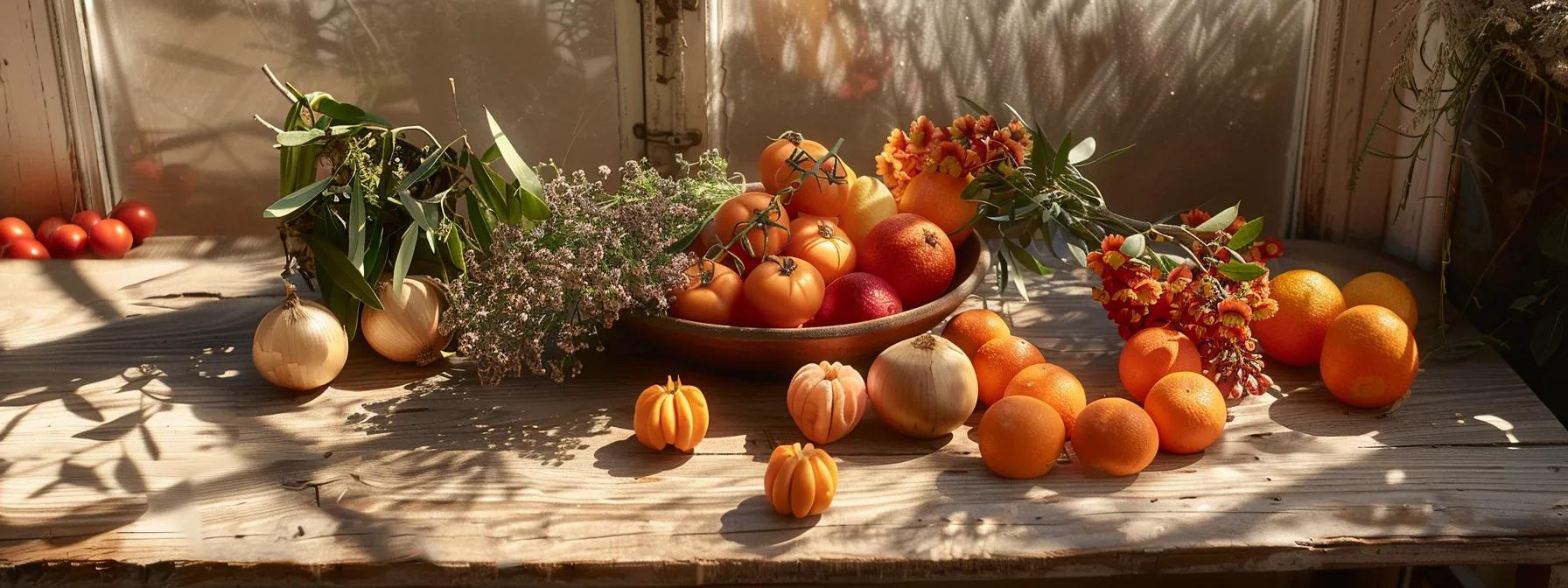 a vibrant array of orange fruits and vegetables, rich in healthy fats, arranged on a wooden table bathed in soft sunlight, exuding warmth and creativity to support the sacral chakra.