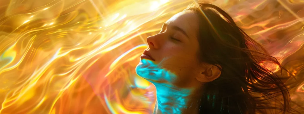 a woman bathed in golden light, her eyes closed in deep meditation, as a vibrant spectrum of colors swirl around her, symbolizing the intense emotions of a kundalini awakening.