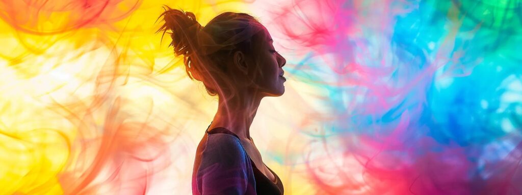 a woman surrounded by a vibrant rainbow of colors, deeply focused on visualizing healing energy flowing through her body.