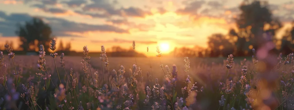 a calming lavender field under a soft sunset glow for aromatherapy benefits.