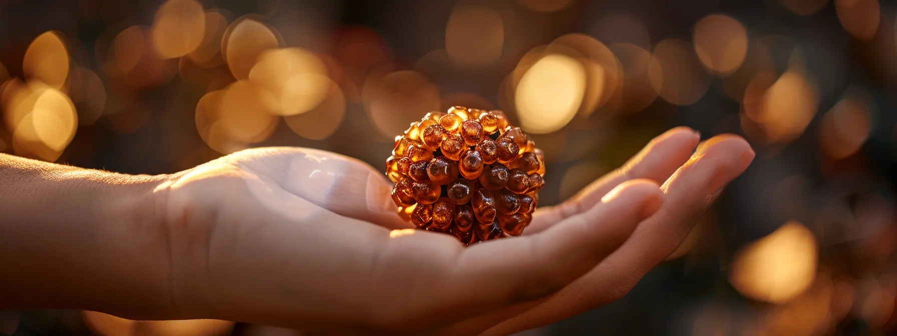 a close-up of a shimmering fourteen mukhi rudraksha held delicately between fingertips, showcasing its intricate details and spiritual significance.