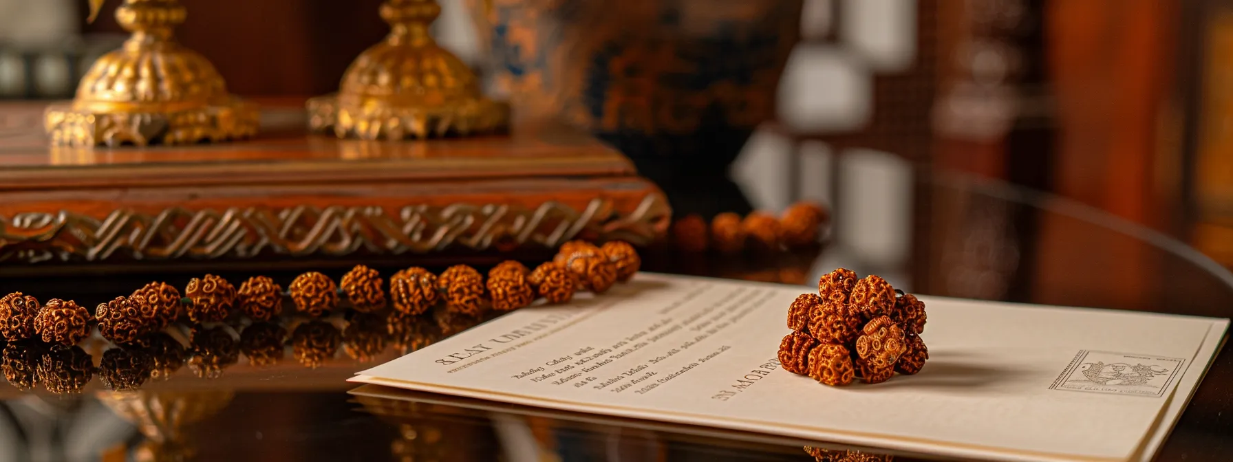 a close-up photo showing a fourteen mukhi rudraksha with a detailed authenticity certificate and documentation displayed beside it, emphasizing the importance of verifying the bead's legitimacy before purchase.