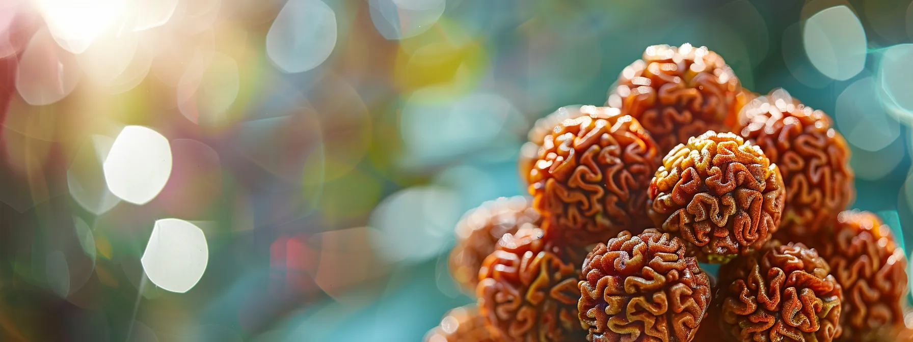 a close-up shot of a vibrant fourteen mukhi rudraksha bead, capturing its intricate fourteen faces symbolizing divine attributes and spiritual significance.