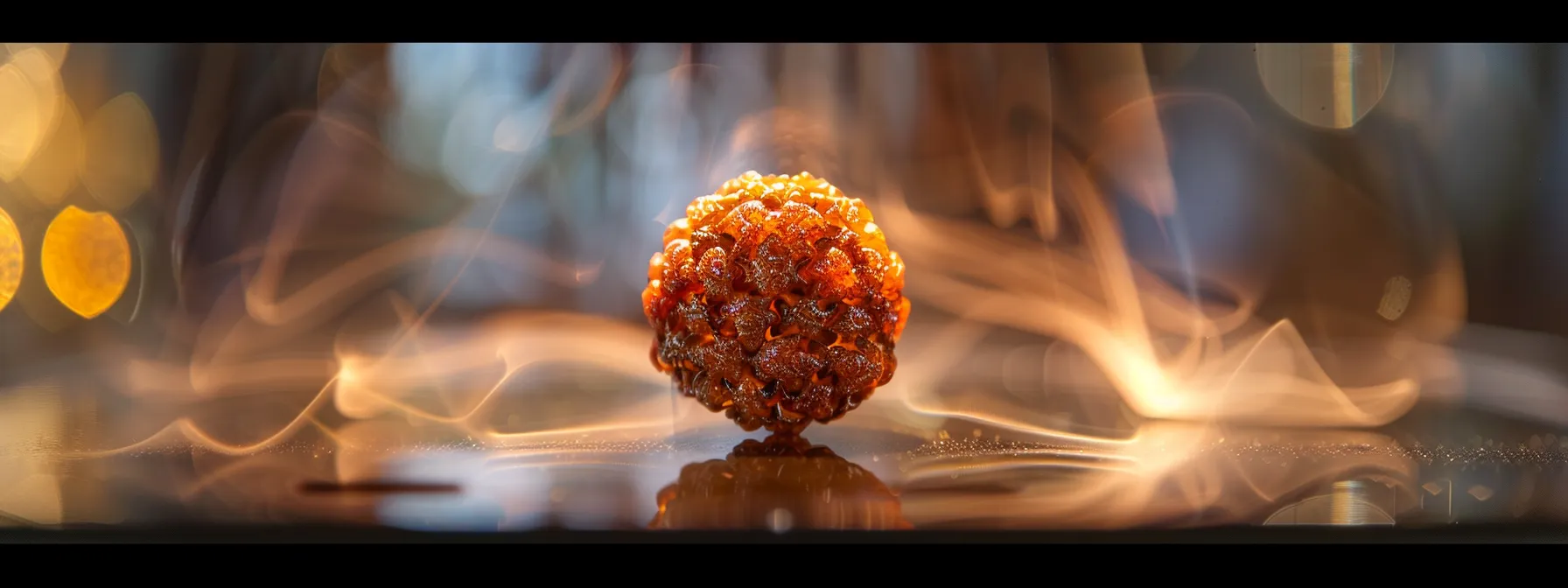 a close-up photo of a fourteen mukhi rudraksha bead being examined under an x-ray scanner for authenticity verification.